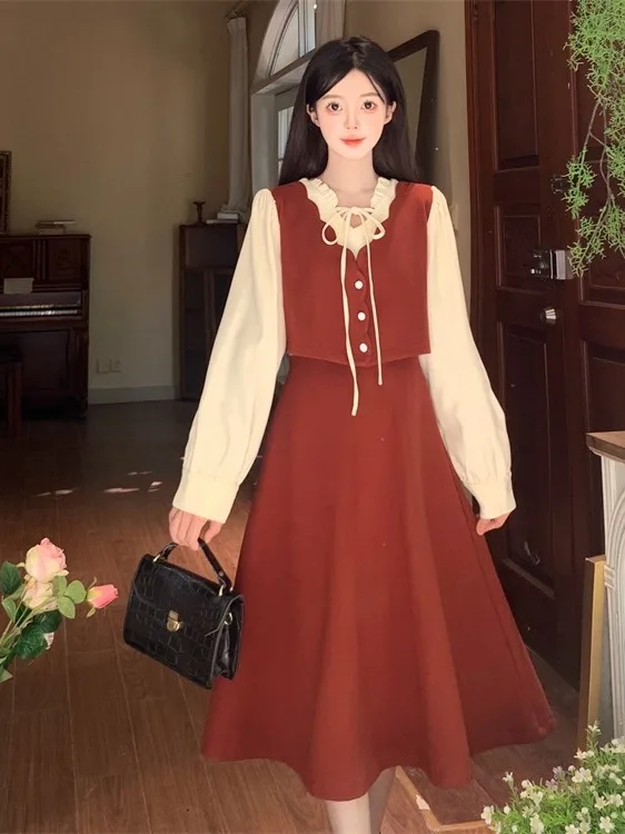 

Зимняя длинная юбка А-силуэта больших размеров из красной шерсти, имитация двух частей, женская модная юбка для офиса, с высокой талией