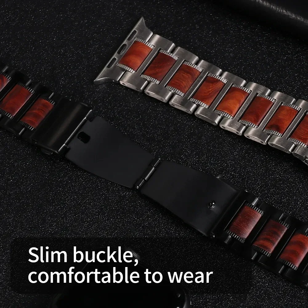 Wooden Sandalwood Strap For Apple Watch Series Ultra 2 10 9 8 7 6 SE For IWatch 46mm 49mm 42mm 44mm 41 45mm Stainless Steel Band
