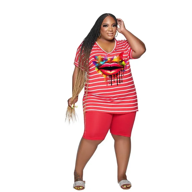 XL-5XL African Plus Size Sets Women Clothing Summer Short Sleeve Stripe Casual Sexy Two Piece Matching Sets Female Outfits