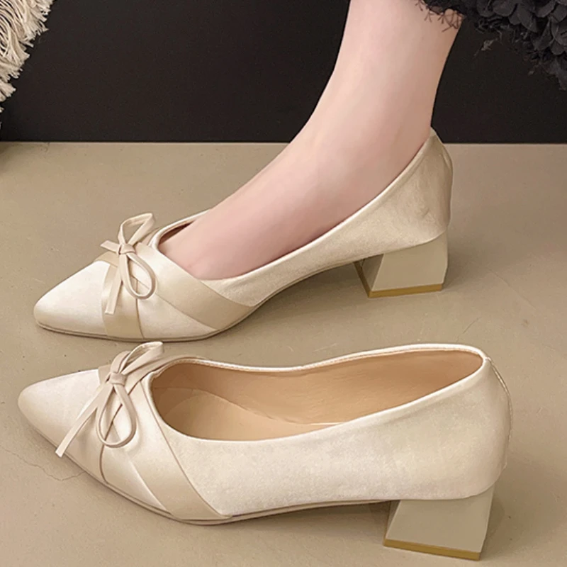 Bow Mid Heels Women's Shoes Designer Pointed Toe Shallow Heeled Shoes Elegant Pumps 2025 Summer Fad New Chunky Chaussures Femme