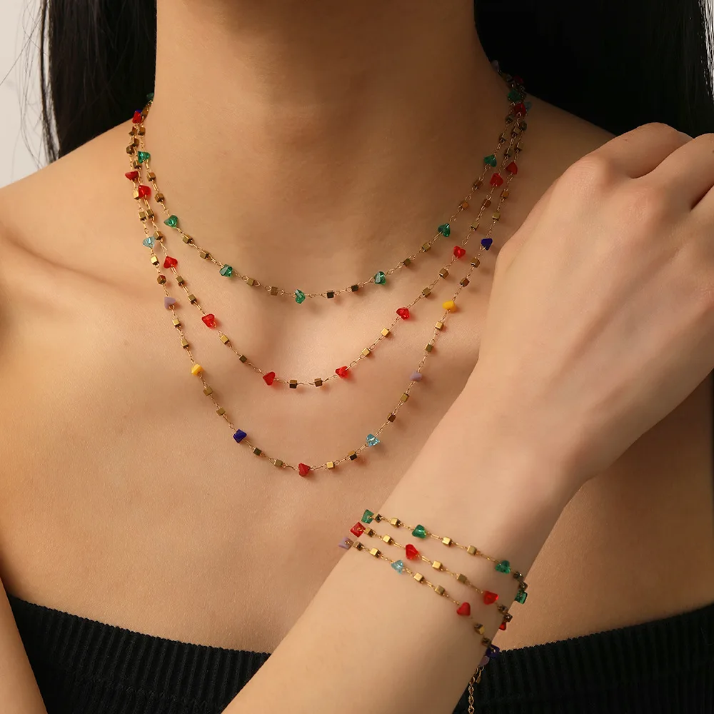 

Colorful Dope Irregular Gemstone Stainless Steel Necklace Women's Versatile Collarbone Chain Luxury-Inspired New Set