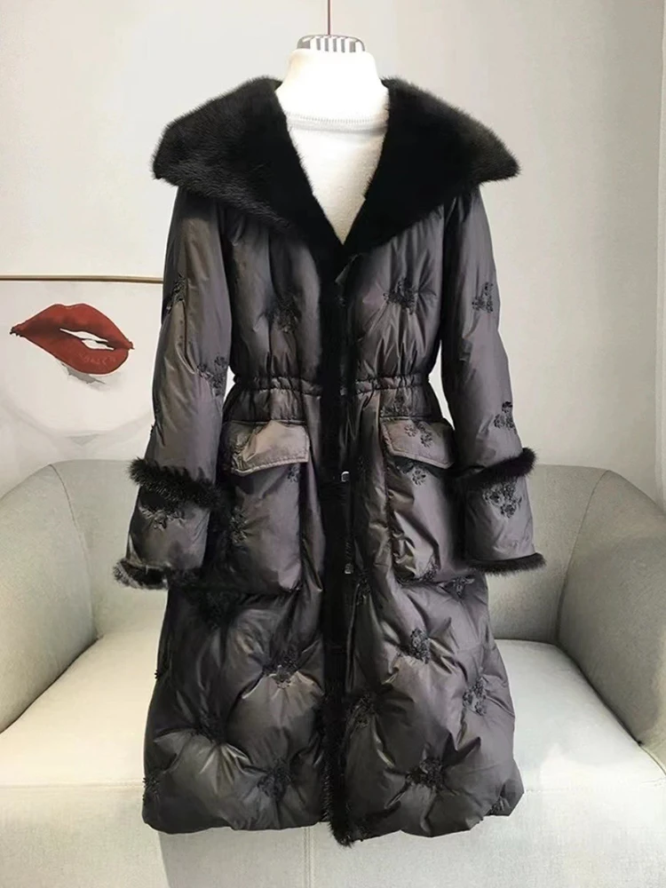 DEAT Fashion Women\'s Cotton-padded Coat Imitation Mink Fur Collar Single Breasted Thick Warm Long Jacket Winter 2024 New 7AB6067