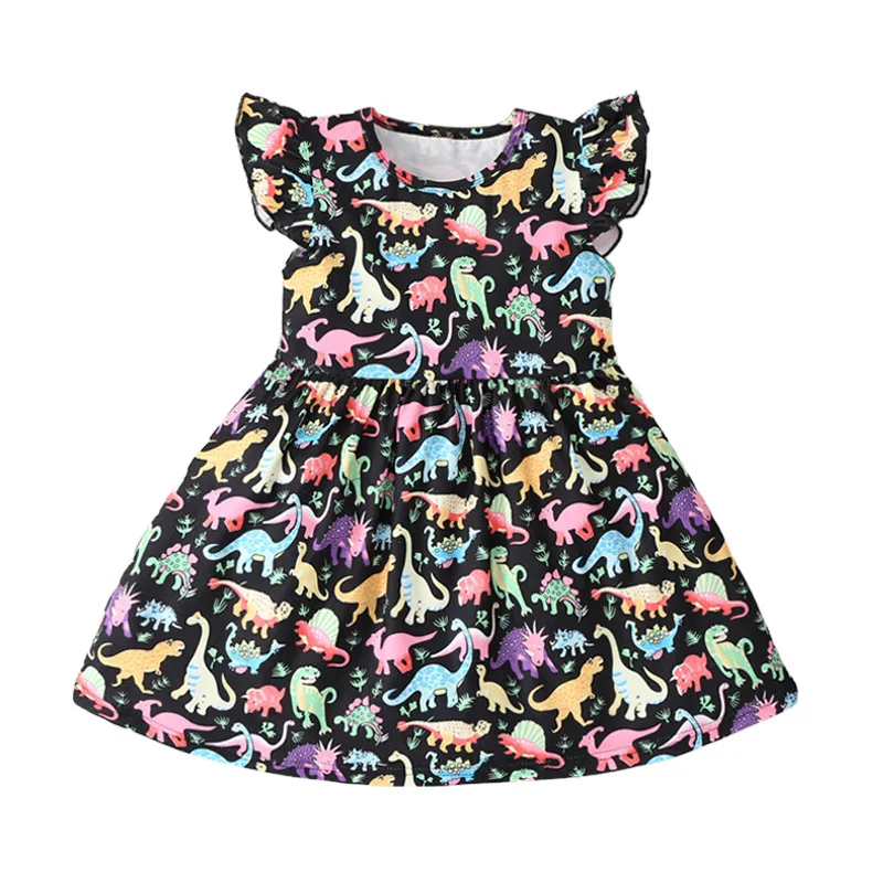 

Summer New Hot-Selling Girls' Dress Hot Sale Flutter Sleeve Colorful Dinosaur Dress Wholesale