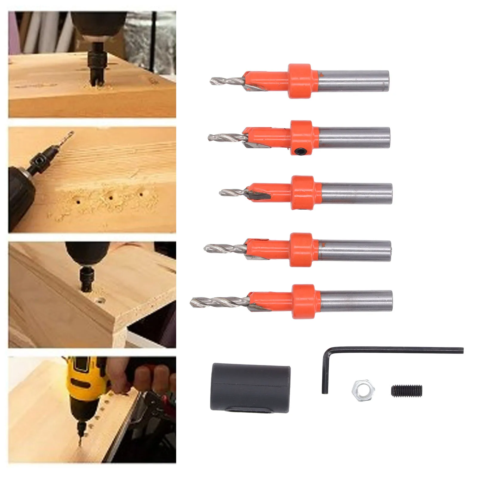 

5 шт. сверла с зенковкой по дереву, набор сверл с круглым хвостовиком для деревообработки с шестигранным ключом и ограничителем, сверло с зенковкой