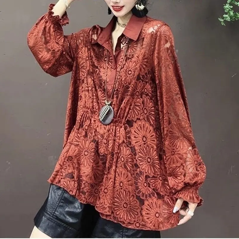 

Stylish Lace Hollow Out Shirt Turn-down Collar Summer Long Sleeve Women's Clothing Button Solid Color Vintage Shirring Blouse