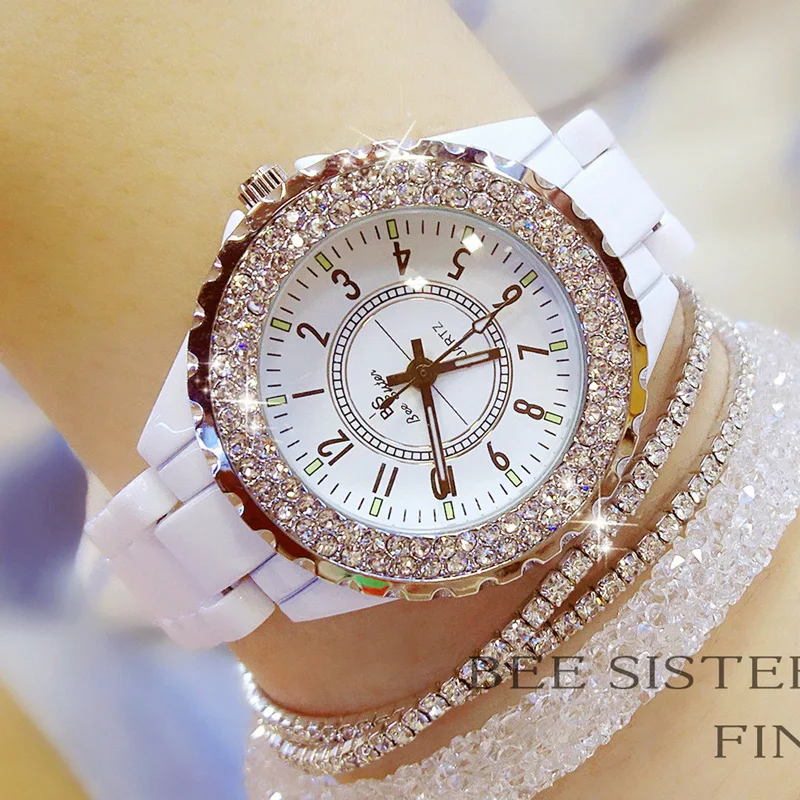 Luxury Crystal Women Wristwatches  White Ceramic Lady Watch Quartz Luxury Women Watches Ladies Wrist Watch for Female Relojes