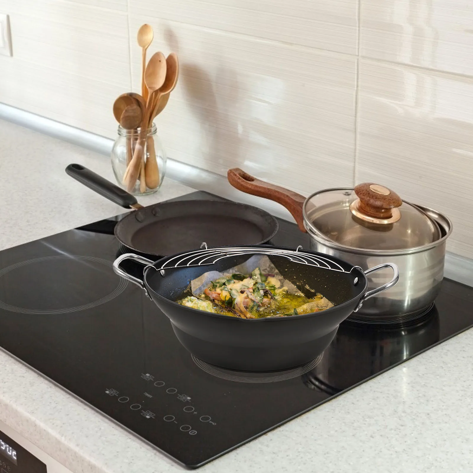 

1 pc Japanese Style Tempura Mini Induction Cooker Non-Stick Drainable Deep Fry Pan Portable Stainless Steel Frying Pot For Home