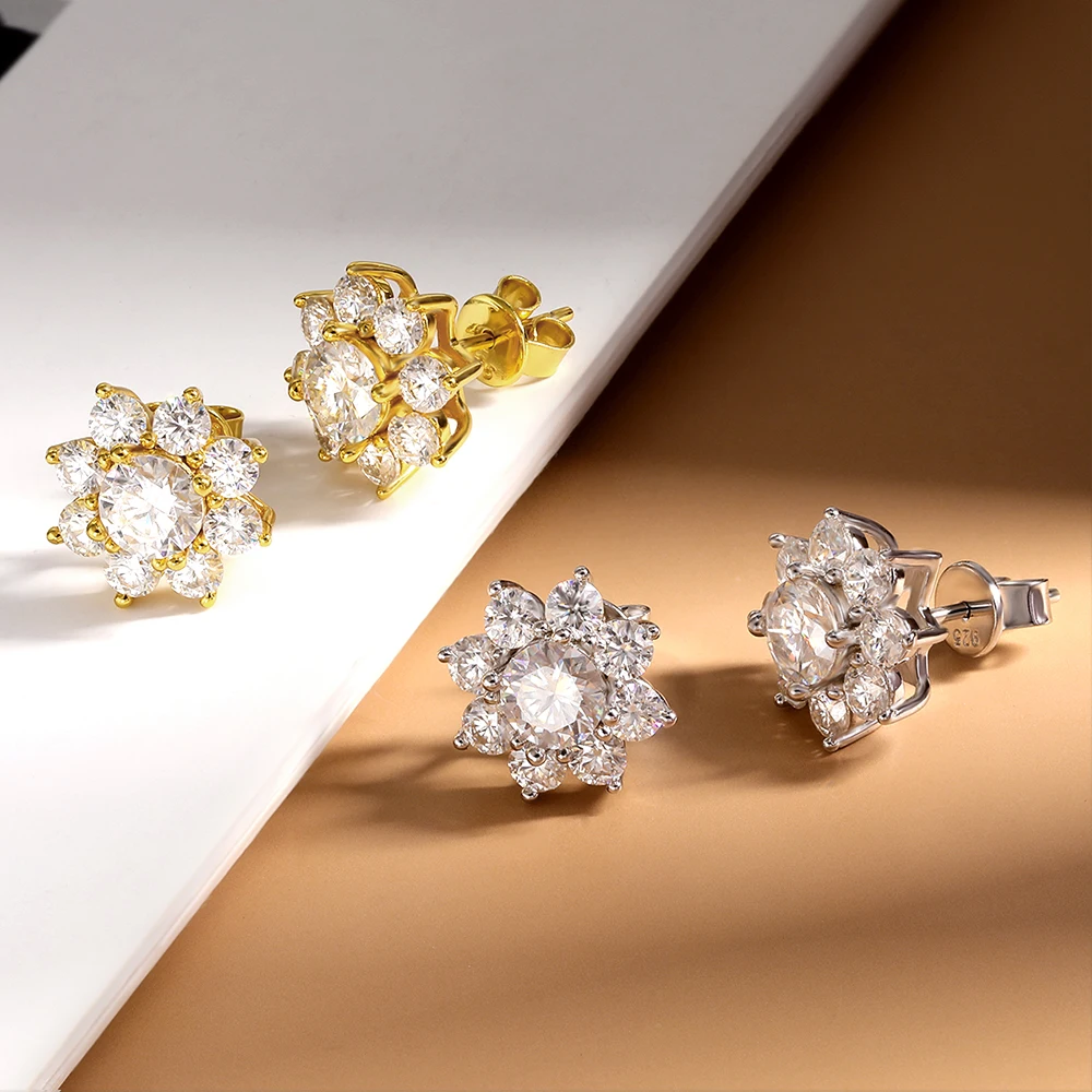 2.8cttw Full Sunflower Moissanite Stud Earrings for Women S925 Sterling Silver D Color Round Cut Diamond Earring Wedding Jewely