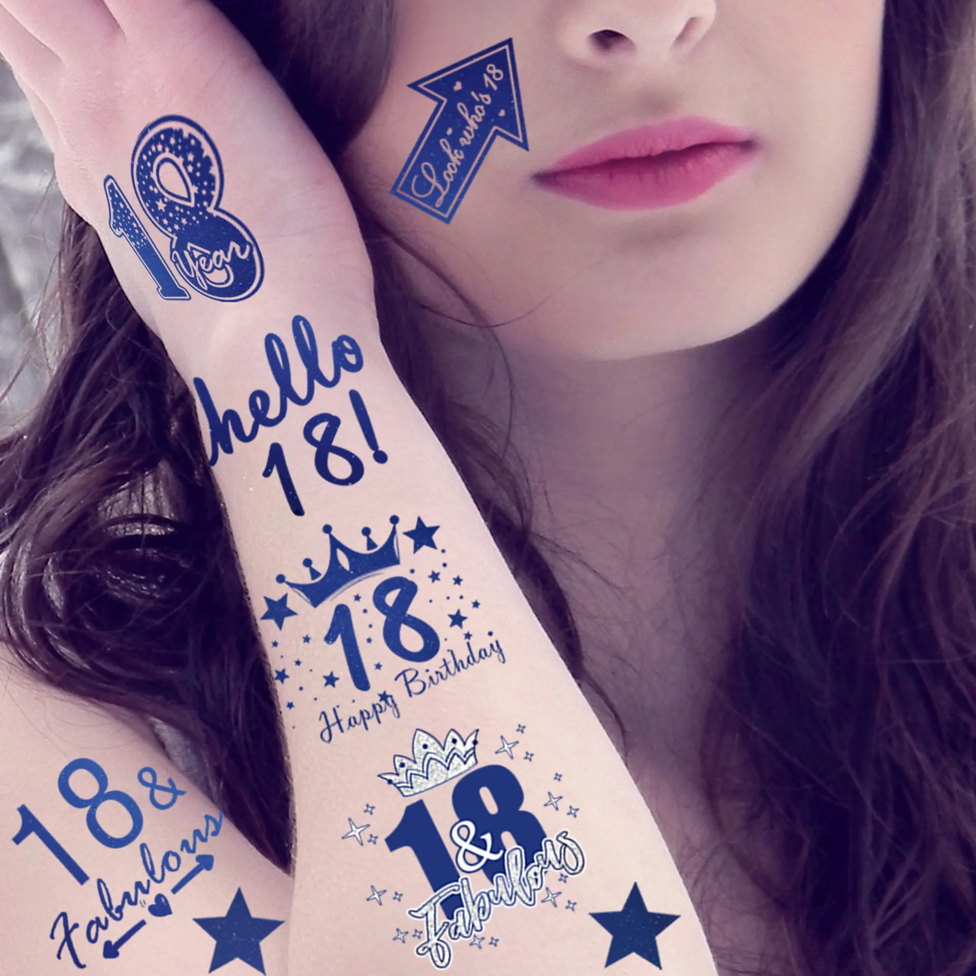 Blue Birthday Tattoo Stickers for 30th 40th 50th Birthday Party Number Sticker Face Arm Body Art Fake Temporary Tattoo Stickers