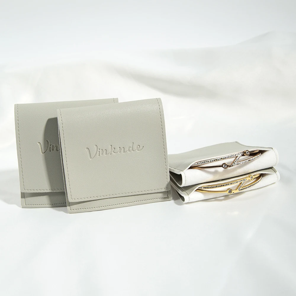 

50pcs Custom Logo Grey PU Leather Bag Jewelry Presents Pouches for Earring Necklace Christmas Wedding Gift Package Envelope Bags