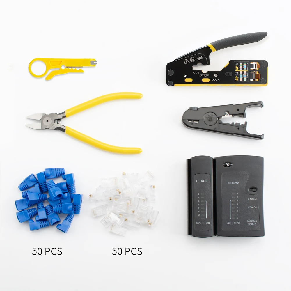 Pass through RJ45 Crimp Tool Kit,Crimper tool,Cable Tester,Wire Cutter,Blades,50Pcs Cat 6 Connectors and Strain Relief Boots