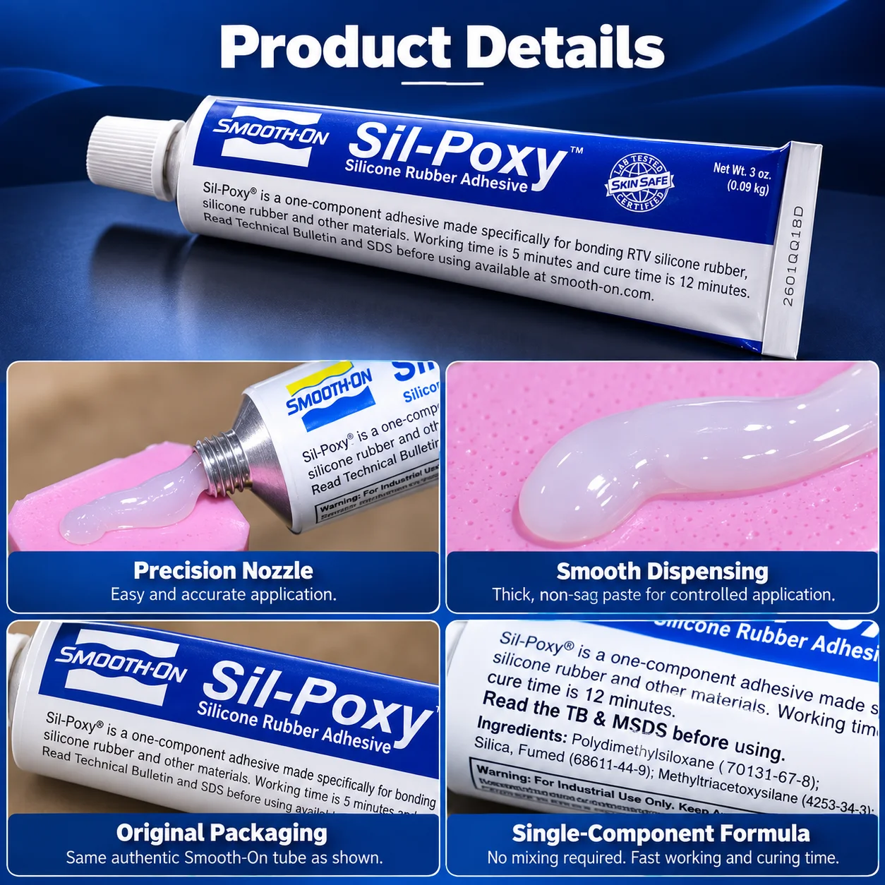 Smooth-On Sil-Poxy Silicone Adhesive RTV Silicone Rubber Glue for Mold Repair Flexible Bonding Tin Platinum Cure
