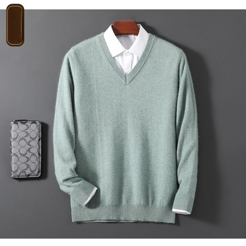 سترة رجالية جديدة من الصوف الأسترالي 100% برقبة على شكل حرف V، بلوفر كاجوال للأعمال سميك مكون من 12 مقياسًا #6