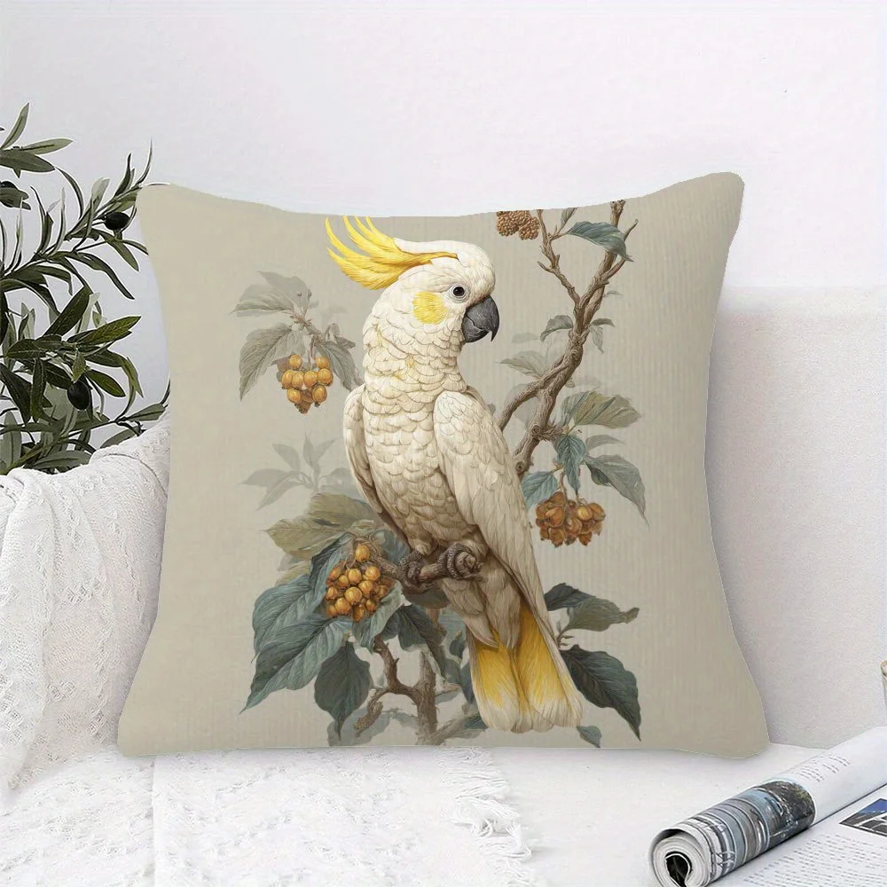 1pc Sulphur Crested Cockatoo Pillowcase - Vibrant Single-Sided Print, 18x18 Inch, Soft Short Plush, Zipper Closure, Ideal for So