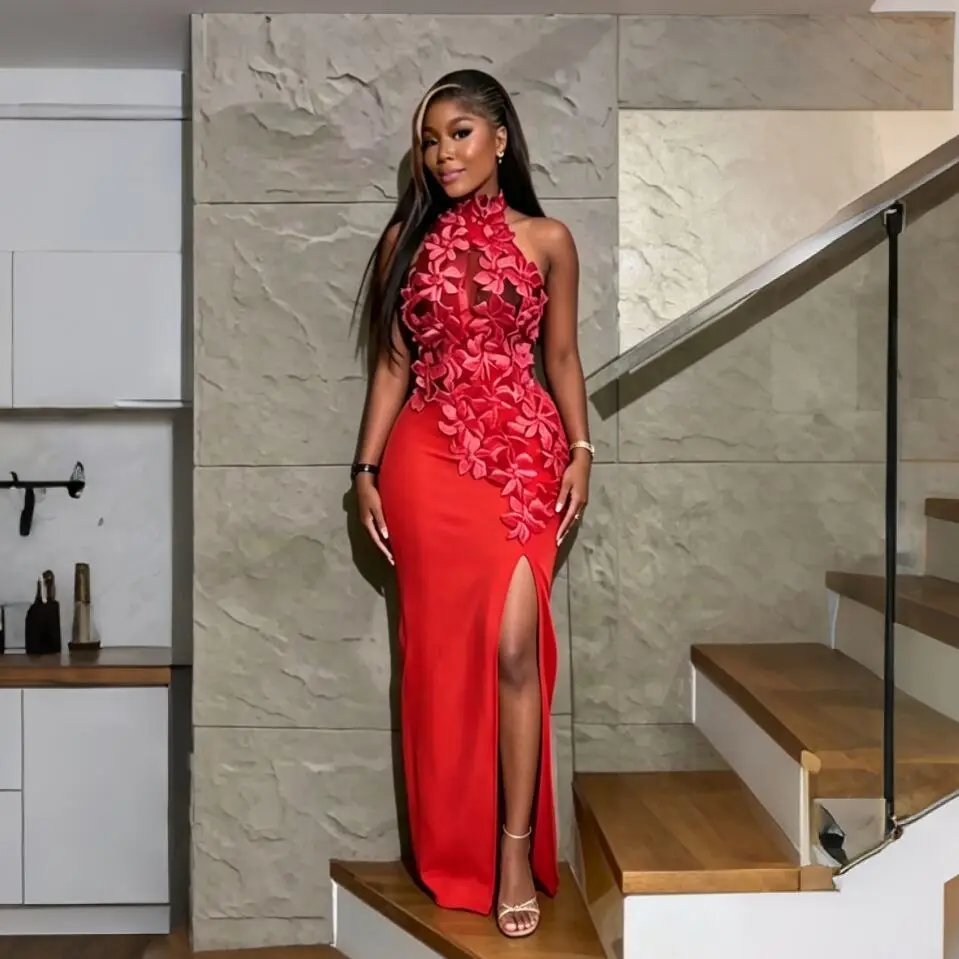 2026 New Three-dimensional Flower Hollowed-out Backless Neck-hugging Bandage Dress Party and Vacation Evening Dress 107Q26050602