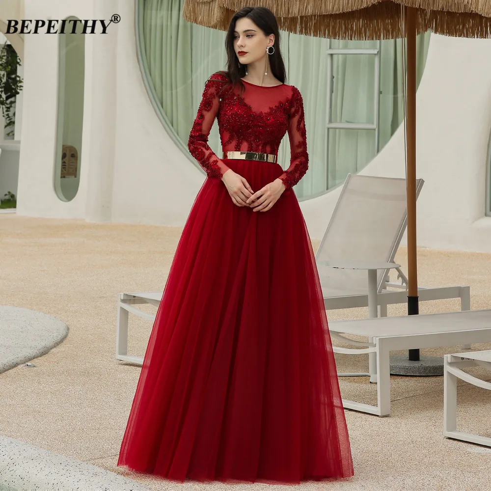 BEPEITHY Burgundy Chữ A Phối Ren Dạ HộI Dự TiệC Cưới Nữ Plus Kích Thước Tay Dài Dạ Hội Áo Chính Thức Sang Trọng Với Dây