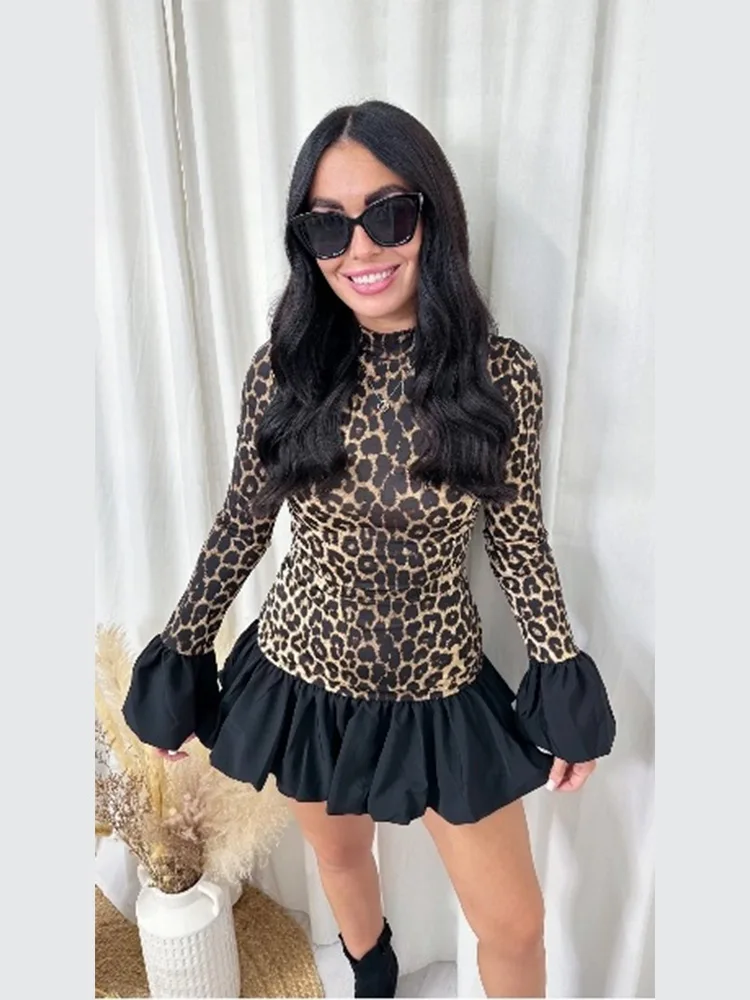 

Elegant Pleated Patchwork Leopard Printed Mini Dress Women O-neck Flare Long Sleeve Bodycon Vestidos 2024 New Street Party Robes