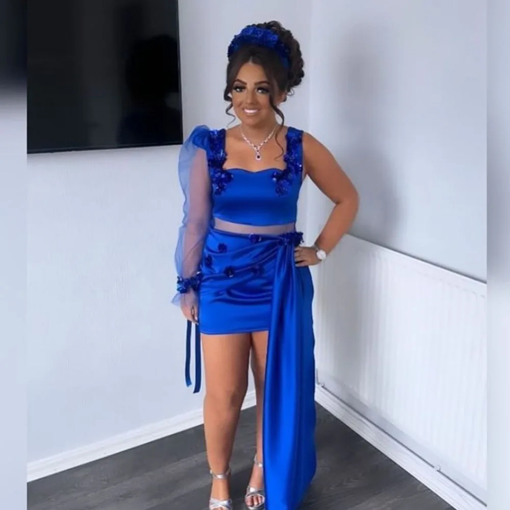 

Mini Short Royal Blue Satin Cocktail Dress Sheath Cocktail Gown Square Collars Party Gown One Long Sleeve Prom Dress With Train