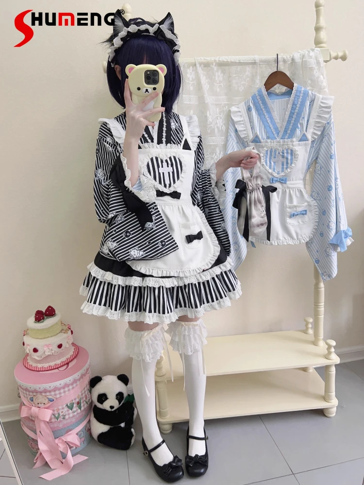 

Original Subculture Japanese Lolita Striped Dress Cos Maid Outfit Autumn Women's Long Sleeve Top Skirt Apron Set Vestidos Mujer