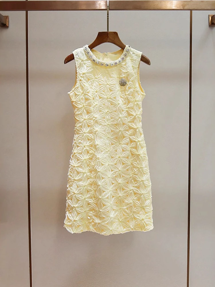 High End Women's Summer New Style French Small Fragrance Heavy Industry Lace Nail Bead Round Neck Vest Dress