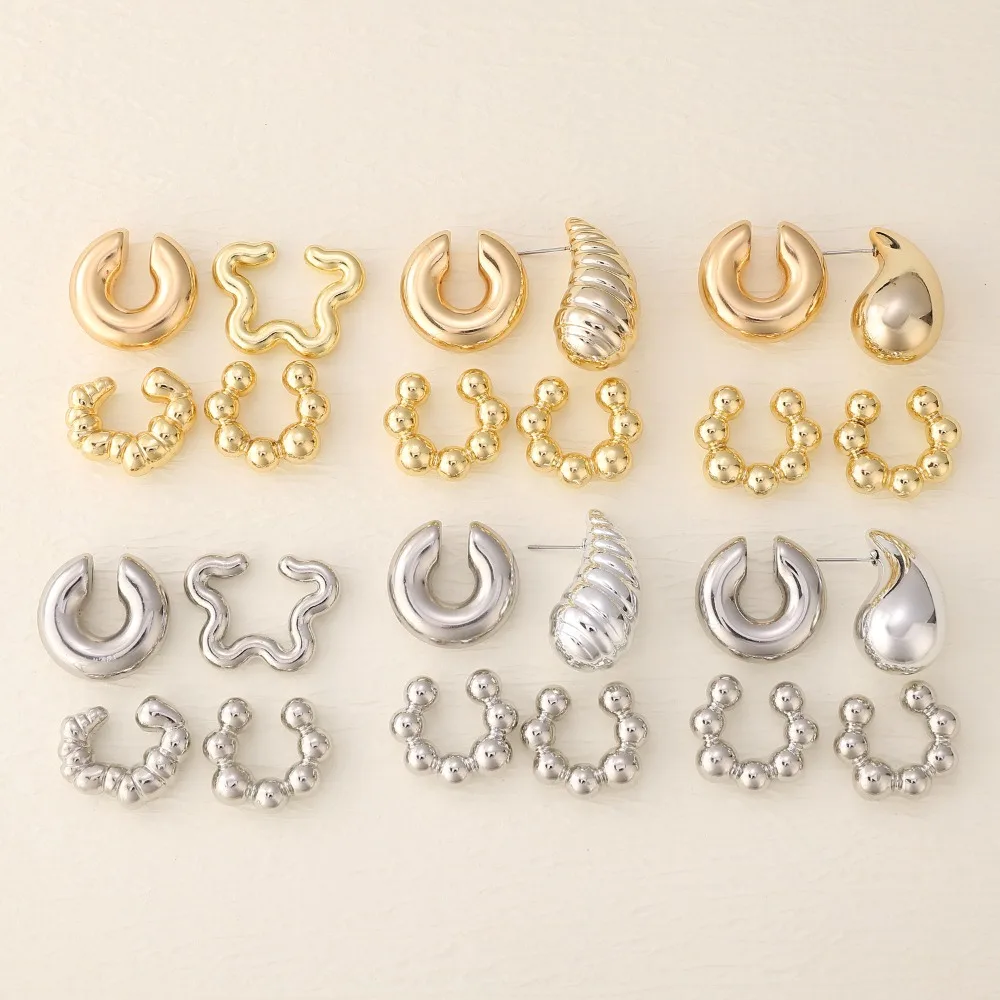 4Pcs/set Vintage Glossy Earring Clip C Shape Geometric Cartilage Ear Cuff Gold Silver No Piercing Earring Women