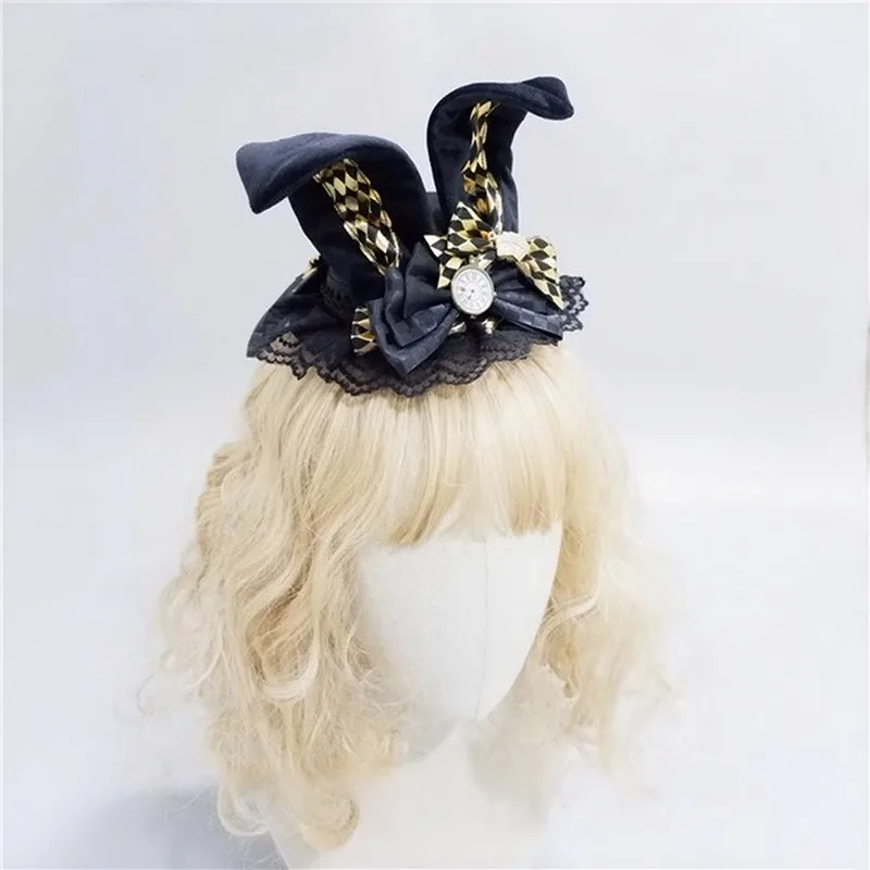 Chapeau Lolita fascinateur fait à la main avec oreilles de lapin, garniture en dentelle pour femmes et filles, couvre-chef de fête de thé, chapeaux de robe de soirée d'halloween