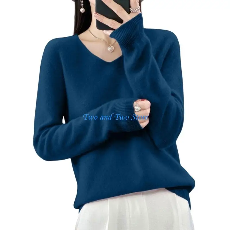 HX6F Womens Sweaters Causal V Neck Long Sleeve Knit Top Loose Pullover Sweater Loose Jumper Streetwear