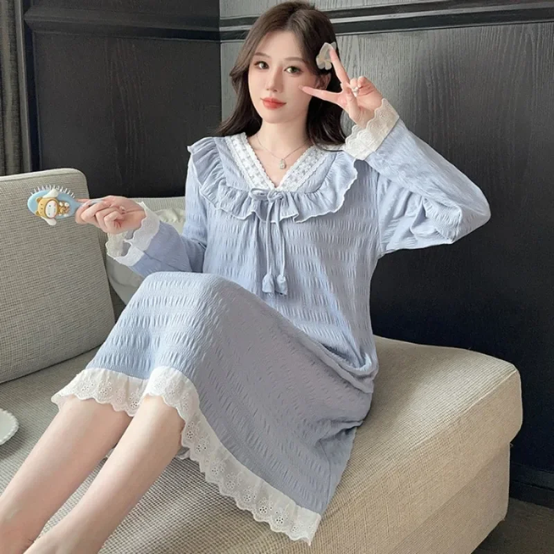 5XL Plus Size Women\'s Sleepwear Spring Princess Home Dress Lace Cotton Cream-colored Pajamas Sleepshirts Loose Nightgown Nightie