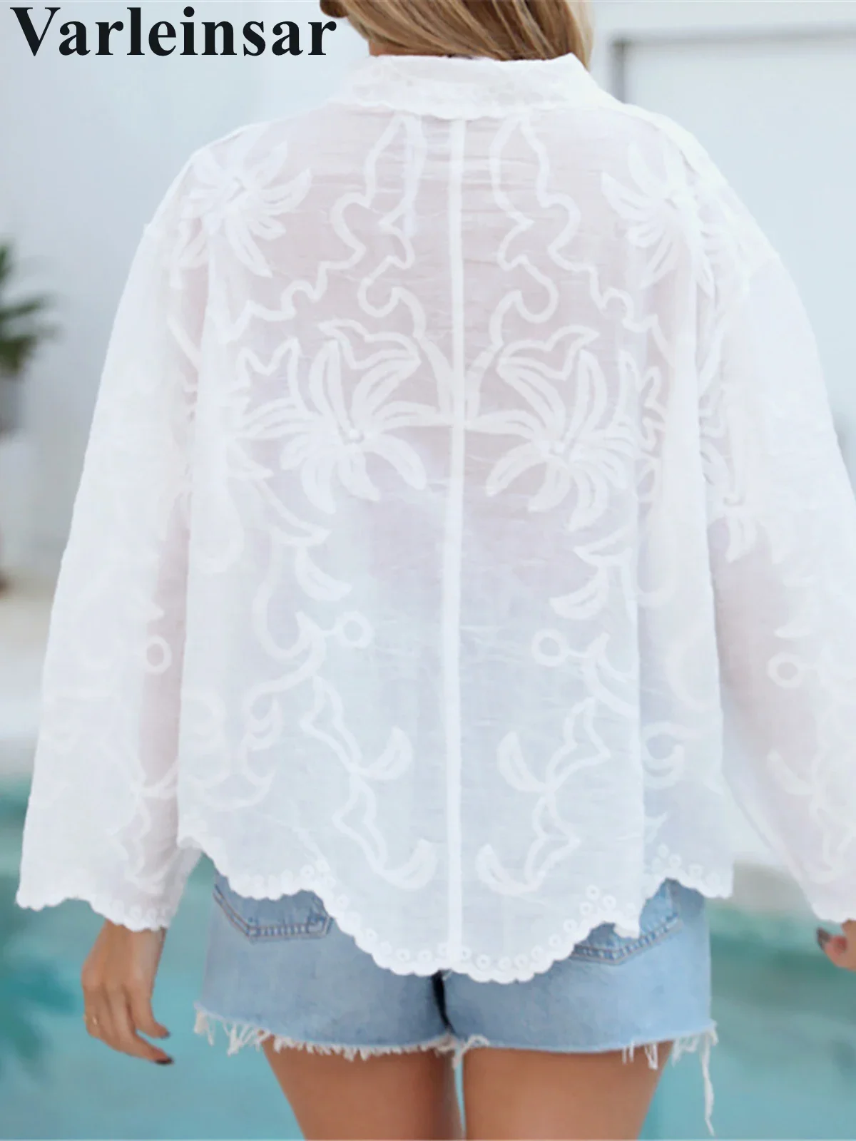 Camicia bianca ricamata Top a maniche lunghe Camicetta Tunica Copricostume Copricostume Abito da spiaggia Abbigliamento da spiaggia Abbigliamento da spiaggia Donna Donna V6353