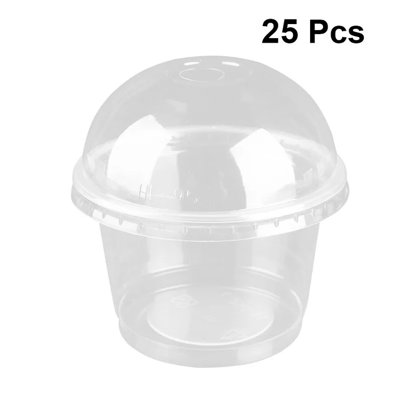 25pcs 250ml Disposable Salad Cup Transparent Plastic Dessert Bowl Container with Lid for Bar Cafe Home (Dome   Hole)