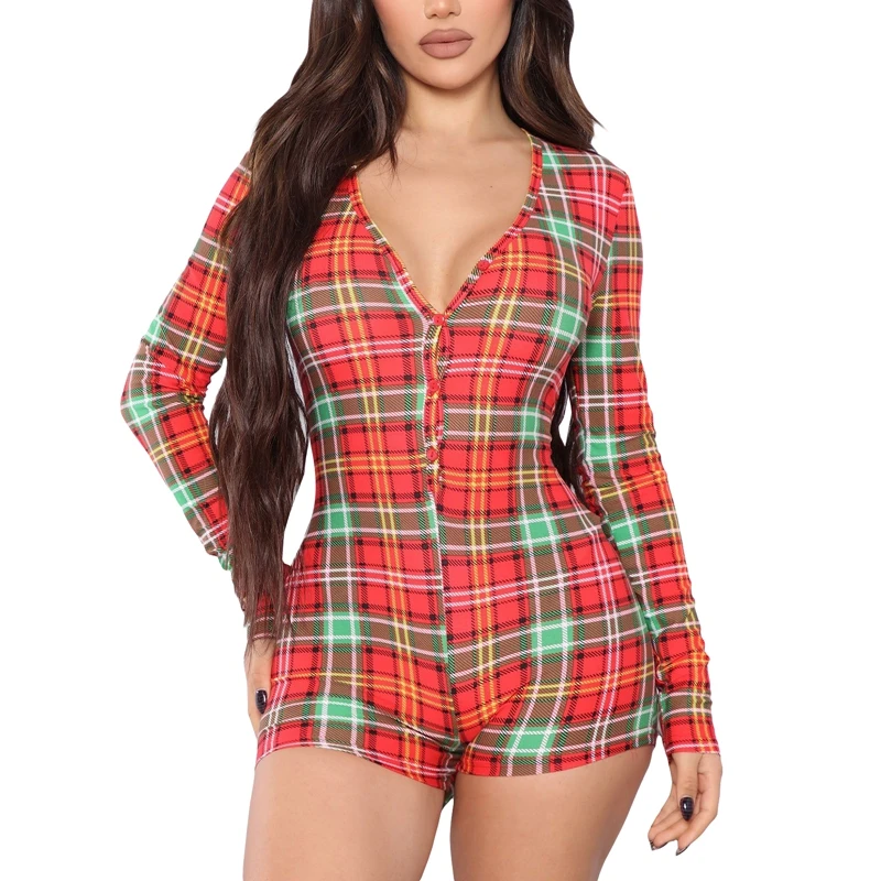 Women Pajamas Christmas Playsuit Long Sleeve V Neck Button Closure Plaid Slim Fit Bodysuit Loungewear Female Casual Sleepwear