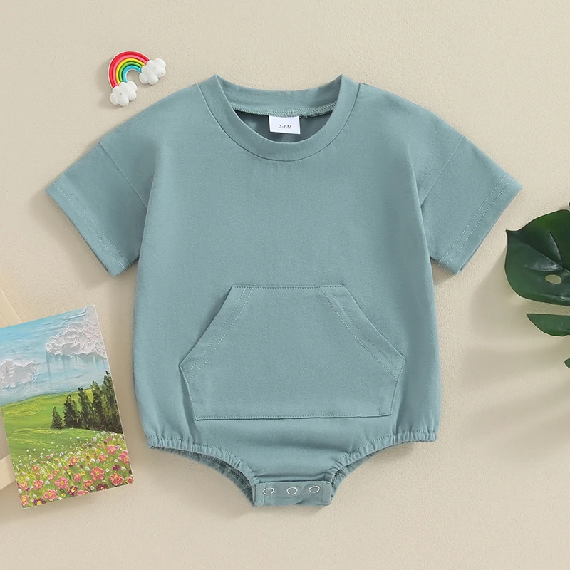 Baby Girls Boys Romper With Pocket Solid Color Bubble Short Sleeve Crew Neck Jumpsuits Summer Casual Clothes Infant Bodysuits