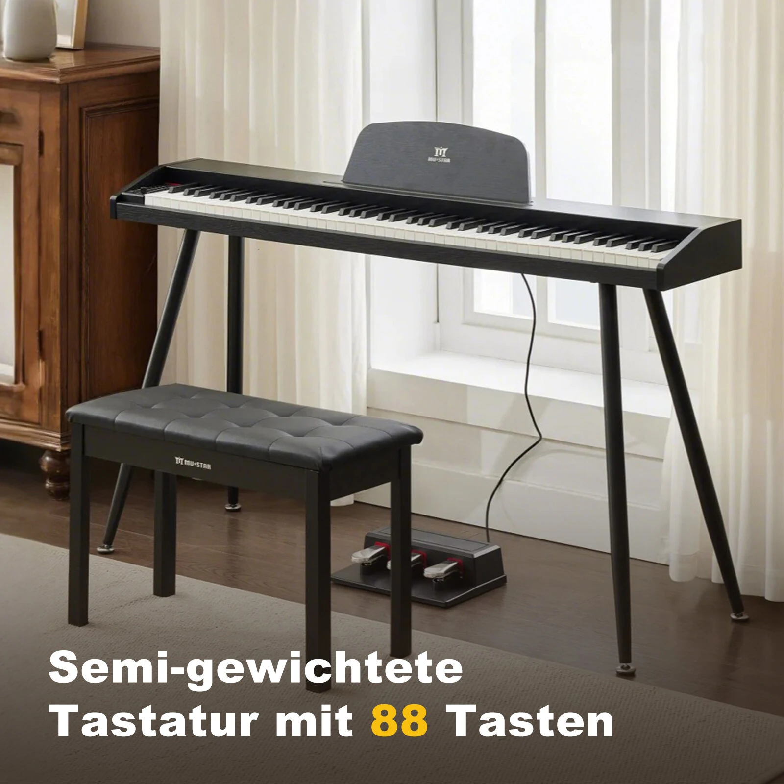 Digitalpiano 88 Tasten Set, E-Piano mit Hammermechanik, 3 Pedale, Klavierbank & Ständer, MIDI-USB, Schwarz