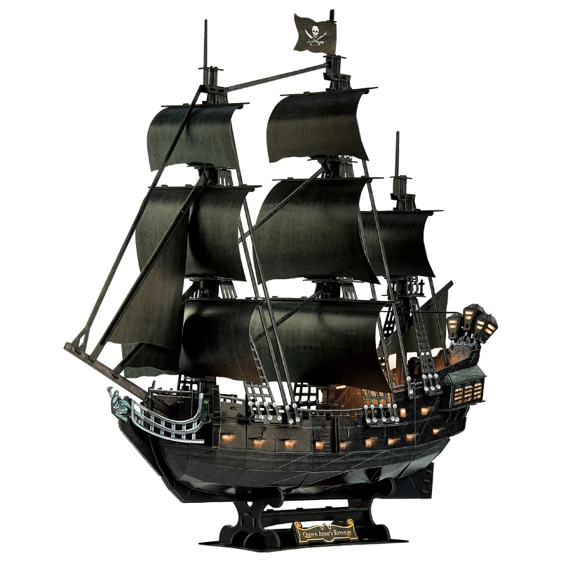 Cubicfun 3D Puzzle Model 1：95 LED light Large Luxury Hardcover Edition Simulation Queen's Revenge Ship Model