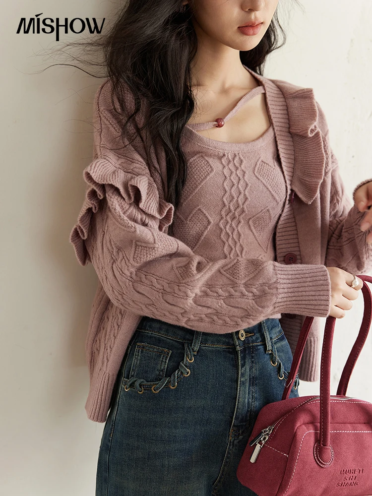 MISHOW Pink Knitwear Camisole Cardigan Separately 2024 Fall Fashion Sweet Knitted Vest Asymmetric Flounce Sweaters MXD45Z0781