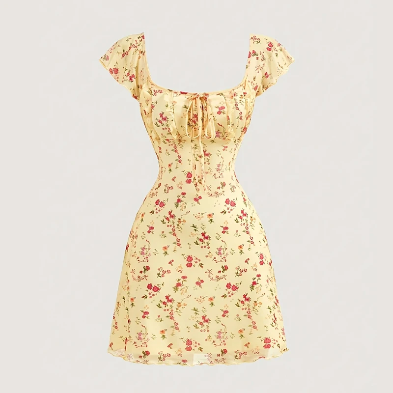 Vestidos de mujer sin mangas con volantes y cuello cuadrado con lazo recortado sin espalda floral/punto fiesta de verano mini vestido corto de una línea