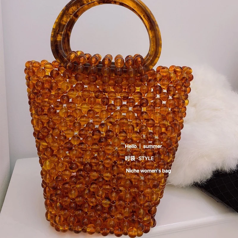 Customized Fashion Ins Handwoven Amber Hawksbill Beaded Crystal Women\'s Handbag New Vintage Texture Portable Ladies Bucket Bag