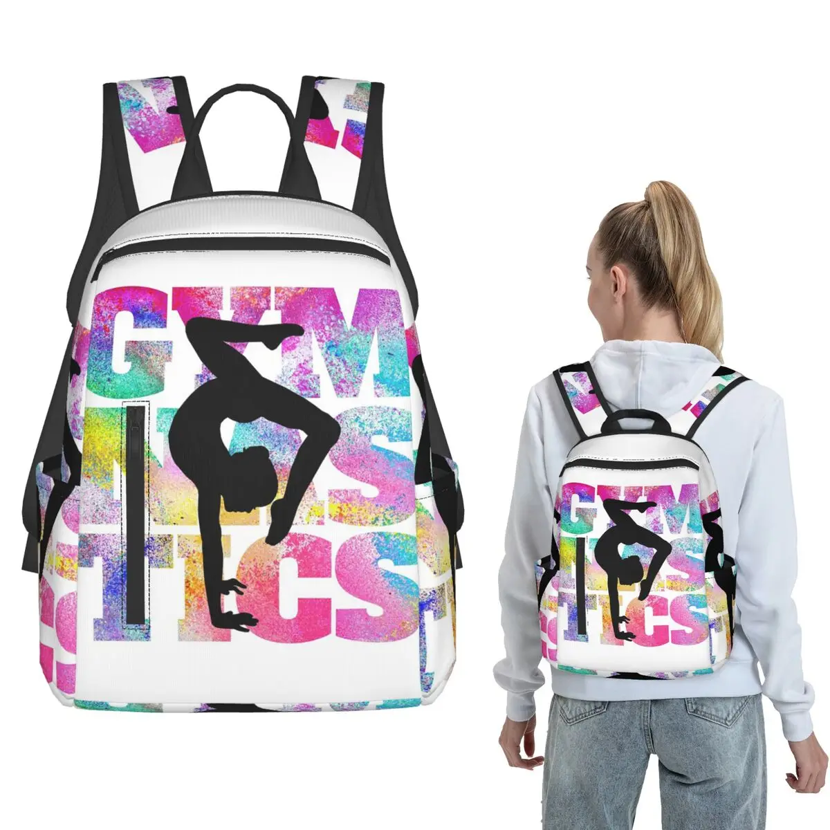 

Colorful Tie-Dye Gymnastics Silhouette Backpack Large Capacity Children BookBag School Bag Shoulder Bags for Men Women