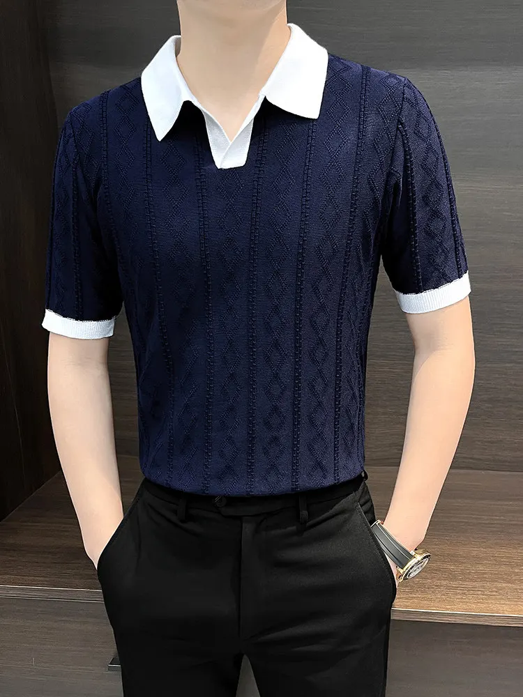 Summer Men's Retro Knit Lapel Patchwork Polo Shirt Contrast Color Short Sleeve Fashion Light Luxury Popular Polo Shirts S37