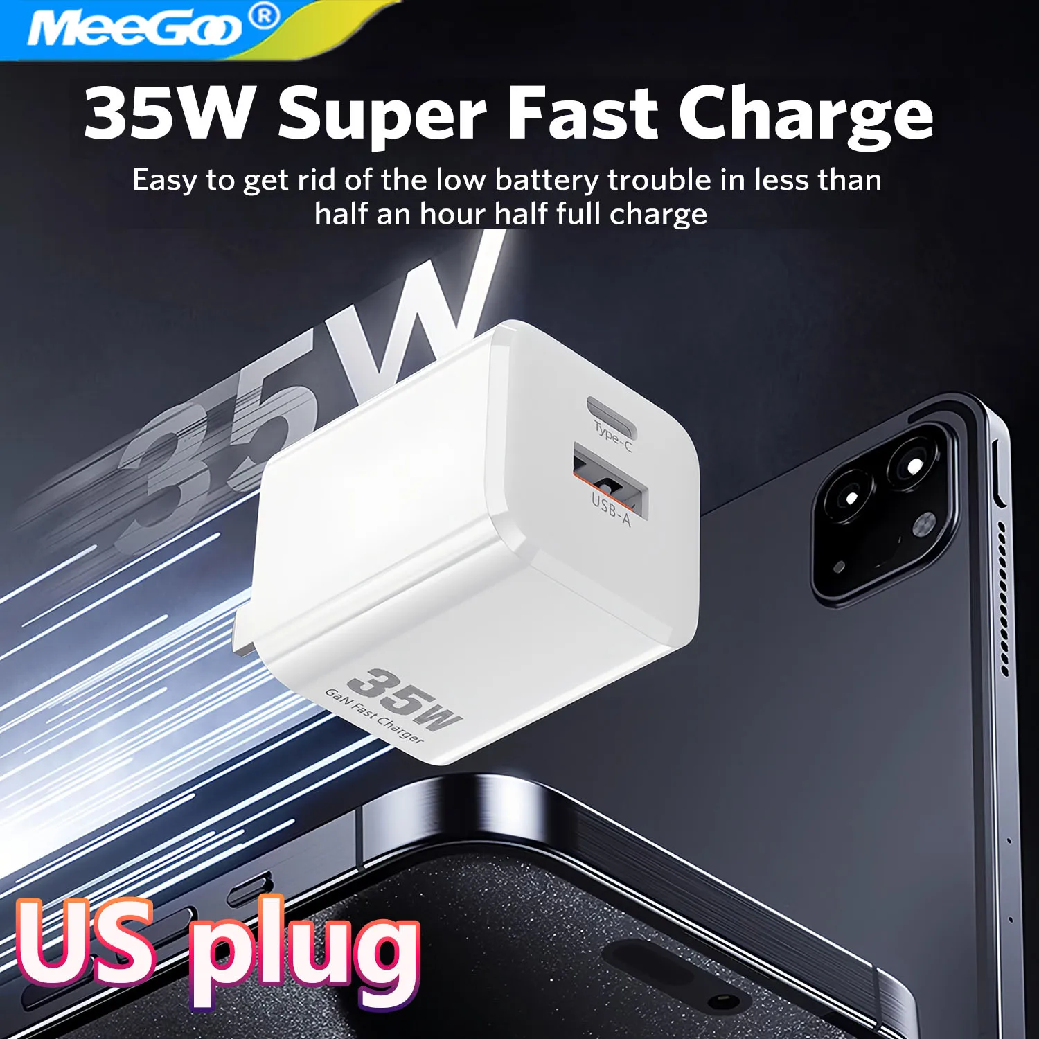 

Зарядное устройство MeeGoo 35 Вт GaN Quick Charge 3.0 Type C PD Зарядное устройство USB для iPhone 17 16 15 Samsung Xiaomi Быстрое зарядное устройство для ноутбука