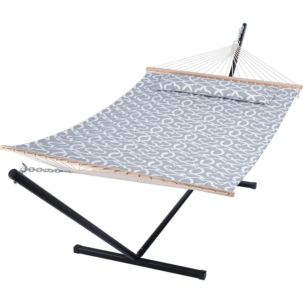 55 Inch Extra Large Double Hammock with Stand, 475lbs Capacity, Outdoor Portable Hammock with Hardwood, Extra Large Pillow, Grey