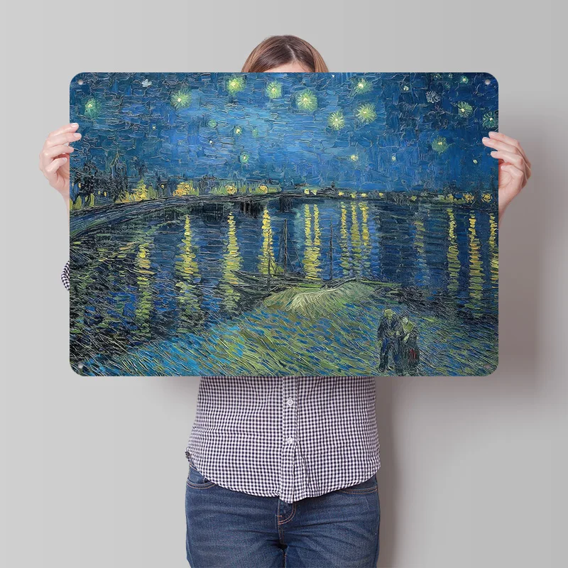 Starry Night Over the Rhone Personalized 3D Textured Metal Poster Wall Art Vintage Tin Signs for Home Decor Ornaments House Room