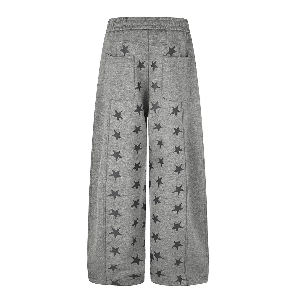 MWJLPWQ Trendy Star-Patterned Patchwork Workwear Sweatpants Men Street Style Unique Large Pocket Loose Wide Leg Trousers 20958