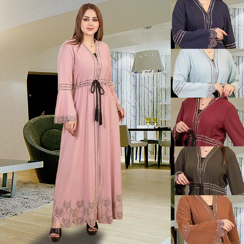 

Plus-size Women's Dress Women Muslim Abayas Flared Long Sleeve Loose Maxi Dress Female Casual Solid Abaya Vestidos Lace-up Robe