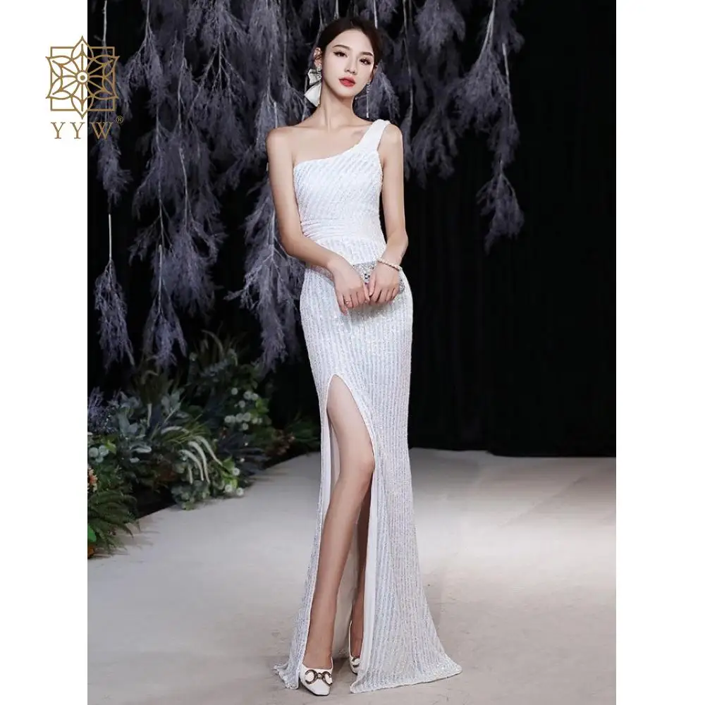 Glitter One Shoulder Ladies Mermaid Dress Crystal Shinny White High Slit Leg Long Dress Prom Summer Female Dress Gala Maxi Frock