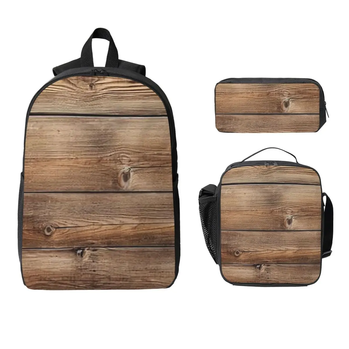 Wood Grain Retro Backpack Boys Girls BookBag School Bag Laptop Shoulder Bags 3ps Insulated Lunch Bag Pencil Case