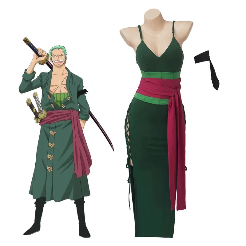 

NewAnime Roronoa Zoro Cosplay Costume Zoro Female Version Green Sexy Strappy Dress Lace Up Slim Dress Halloween Carnival Out QV7