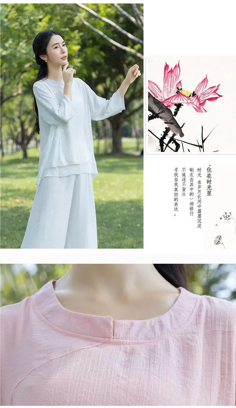 Chinesisches Baumwoll-Leinen-Zen-Teeset für Damen, lockerer Yoga-Meditations-Tai-Chi-Anzug mit Rundhalsausschnitt, Retro-traditionelle chinesische Kleidung – Detail 13