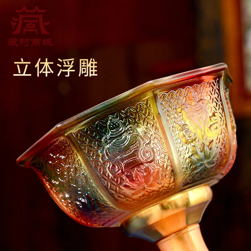 Buddhist-themed glass oil lamp stand, used as an offering and decorative item the Buddha, suitable for home decoration