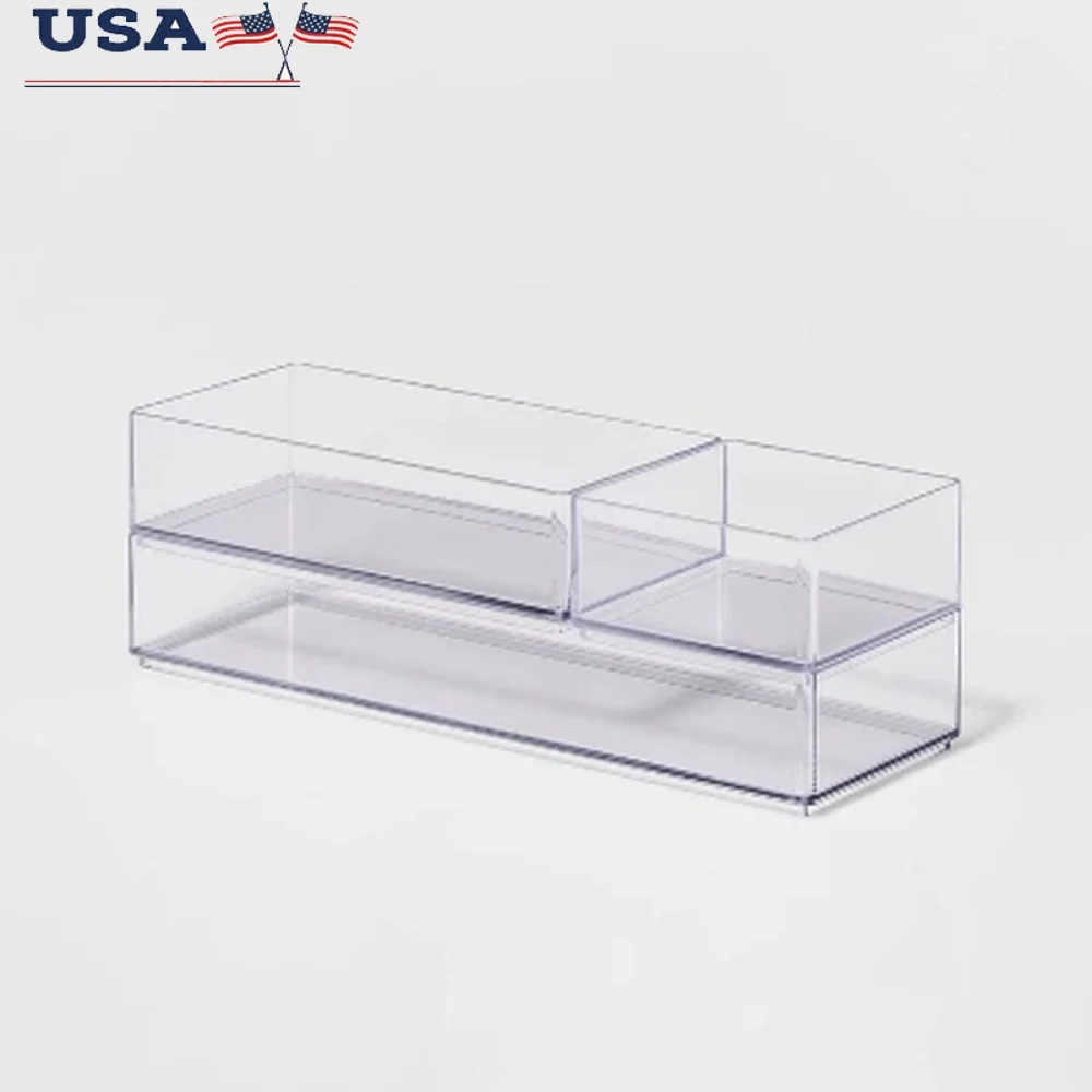 

3 Piece Clear Plastic Bathroom Organizer Tray Set Stackable Modular Storage Makeup Brushes Cosmetics Essentials